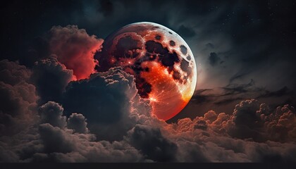 Wall Mural - Blood moon or red moon in the night time landscape with clouds concept generative ai