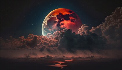 Wall Mural - Blood moon or red moon in the night time landscape with clouds concept generative ai