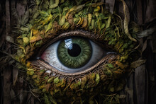 Nature's Eye. A Green Color Human Eye Made Of Leaves And Vines, With A Dilated Pupil, On An Old Tree Bark Covered In Green Moss.