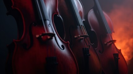  a group of cellos sitting in front of a fire.  generative ai