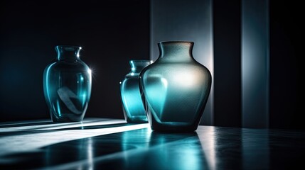 Wall Mural -  three glass vases sitting on a table in a dark room.  generative ai