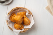curry puff on wicker basket,fried curry dumpling (with meat or vegetable snuffing).Top view