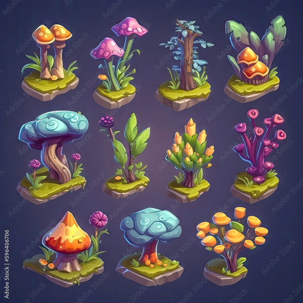 Set of fantasy colorful plants and flowers, isolated. 2d casual game ...