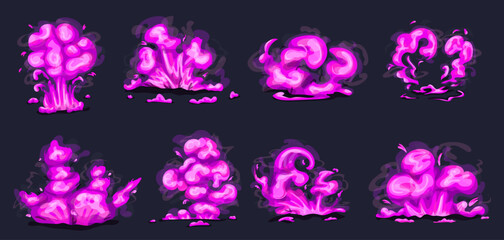 Wall Mural - Pink fire explosion ui animation sprite vector set. Cartoon magic hit effect animated kit. Boom clouds and smoke elements for ui game. Atomic comics detonators for mobile animation