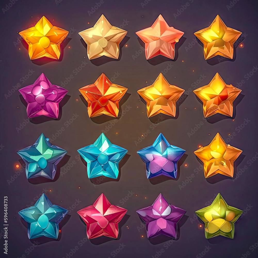 Star Token Colorful Set of fantasy colorful stars icons, isolated. 2d casual game asset ...