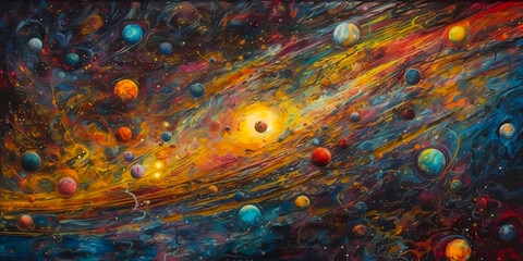 Wall Mural - psychedelic abstract planetary system, wallpaper art, created with generative ai
