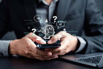 Poster - Businessman using chat bot intelligence on smartphone. Ai Technology System. Chat Question and answer with AI Artificial Intelligence, developed by OpenAI generate. Futuristic technology.