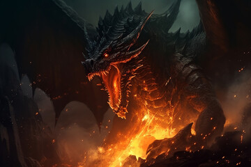 Fire breaths explode from a giant dragon in a black night, the epic battle evil concept art. ai generative