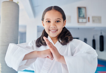 Sticker - This is what I learnt in karate class. Shot of a cute little girl practicing karate in a studio.