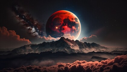 Wall Mural - Landscape with blood moon or red moon and clouds generative ai