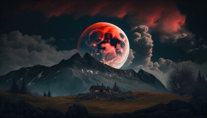 Wall Mural - Landscape with blood moon or red moon and clouds generative ai