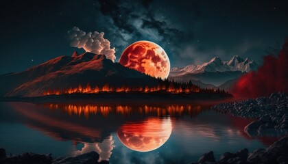 Wall Mural - Landscape with blood moon or red moon and clouds generative ai