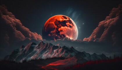 Wall Mural - Landscape with blood moon or red moon and clouds generative ai