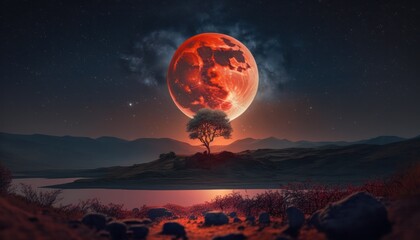 Wall Mural - Landscape with blood moon or red moon and clouds generative ai