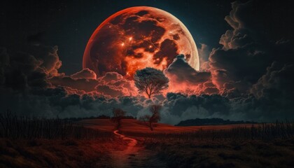 Wall Mural - Landscape with blood moon or red moon and clouds generative ai