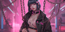 A Girl Dressed In Black, White, Gold And Pink With Chains Hanging About, In The Style Of Cyber Mystic Punk, Pink And Blue, Colorful Costumes, Dark Pink And Light Gray, Woman In Dress, Generative AI