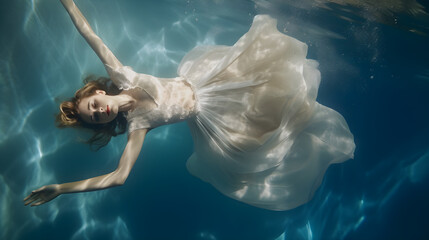 a glamorous woman wearing a full evening gown floats in the swimming pool on a sunny day, high angle shot, girl in the water, girl in the sea, Generative AI