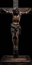 Wooden Crucifix, With Detail Of Jesus Christ On Wood Carving On Black Background. Wallpaper. AI Generated