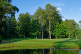 Fototapeta Na ścianę - The Green of Hole 8 near to the pond on the Letham Grange Old Course with its magnificent Trees casting shadows across the Course.