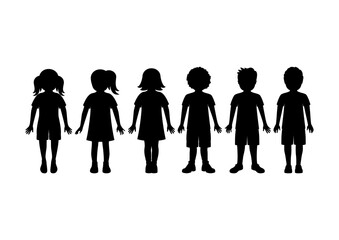 group of children standing in a row black silhouette vector. little boys and girls silhouette icon s