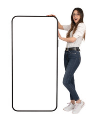 Wall Mural - Recommending mobile application, full length body view woman recommending mobile application. standing, leaning big smartphone with empty screen mockup. Isolated transparent png, copy space. 