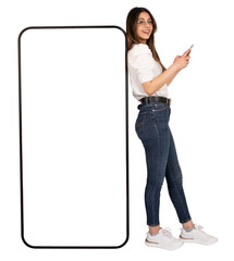 Mobile application banner, full body length view woman leaning huge smartphone with empty blank screen mockup. Isolated transparent png image. Using mobile phone, looking camera. Teen lady.