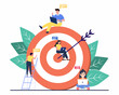 Tiny people sitting and standing near giant Target with an arrow concept of goal achievement, business strategy.