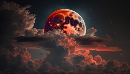 Wall Mural - Blood moon or red moon in the night time sky with clouds concept generative ai