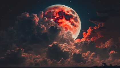 Wall Mural - Blood moon or red moon in the night time sky with clouds concept generative ai