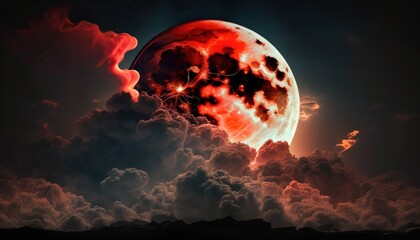 Wall Mural - Blood moon or red moon in the night time sky with clouds concept generative ai