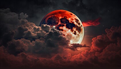 Wall Mural - Blood moon or red moon in the night time sky with clouds concept generative ai