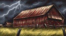  A Red Barn With A Lightning Bolt In The Sky Behind It.  Generative Ai