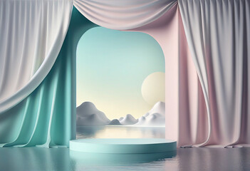 Wall Mural - 3D rendering. Beautiful pastel white ivory curtain around a mountain landscape podium stage platform. With copy text space. Mock up template for product presentation