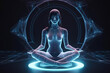 Abstract futuristic image of woman yogi sits in a lotus pose, body connection points with universe concept, created with Generative AI
