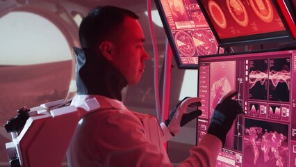 Wall Mural - Team of astronauts in a space suits aboard the Mars station. A crew of cosmonauts piloting the spaceship in space. Galactic travel and science.