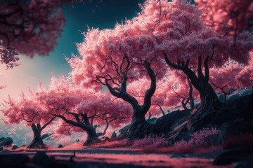 Wall Mural - The Gorgeous Pinkish Sakura Trees, a Vision of Sublime Beauty against the Majestic Backdrop of the Bluish Sky  Generative AI	