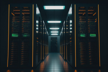 Server room or data center filled with racks of servers, managing large amounts of digital data for various applications such as cloud hosting, big data analytics, and cyber security. AI Generative