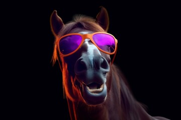 Wall Mural - mammal sunglasses portrait goggles fun background funny horse animal smile colourful. Generative AI.