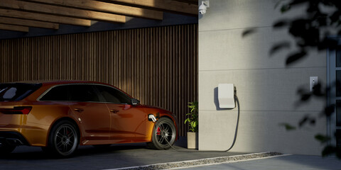 Generic electric vehicle EV hybrid car is being charged from a wallbox on a contemporary modern residential building house