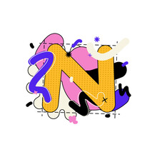 Latin Alphabet Vector Illustration. English Letter N. Type With Hand Drawn Shapes And Lines. Round Playful Letters In Cartoon Graffiti Style