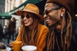 © yj - lifestyle candid of a happy, manhattan young and hip black couple enjoying themselves a cafe. generative AI