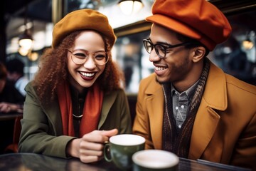 Poster - lifestyle candid of a happy, manhattan young and hip black couple enjoying themselves a cafe. generative AI