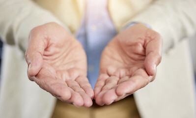 Poster - Knowledge is meant to be shared. Cropped shot of an unrecognisable businessman standing alone with his hands open in a receiving gesture.