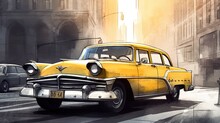 Yellow Taxi Car On The Street In The Downtown Illustration