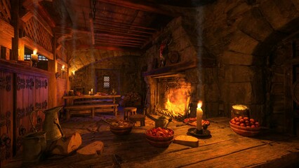 Poster - 3D animation of a cozy medieval tavern interior with fire burning in the fireplace behind a table laid for dinner. Candles flicker around the room.