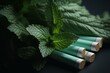 Closeup of menthol cigarettes and mint leaves on grey background. Generative AI