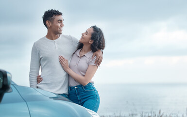 Poster - Our spontaneous trips are always fun. Shot of a young couple on a road trip together.