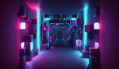 Poster - Futuristic portal. Podium, pedestal, platform. Cyberpunk modern blank space. technological background,digital hi-tech elements for presentation product...