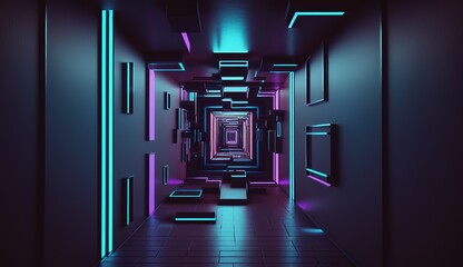 Poster - Futuristic portal. Podium, pedestal, platform. Cyberpunk modern blank space. technological background,digital hi-tech elements for presentation product...