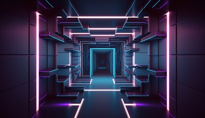 Poster - Futuristic portal. Podium, pedestal, platform. Cyberpunk modern blank space. technological background,digital hi-tech elements for presentation product...